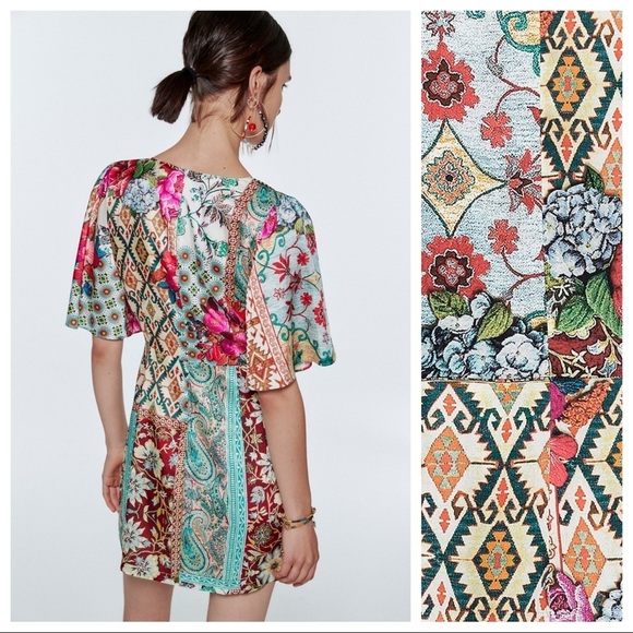 🌹NWT. Zara Multicolored Patchwork Print wrap Mini Dress. Size XS. - Picture 3 of 9